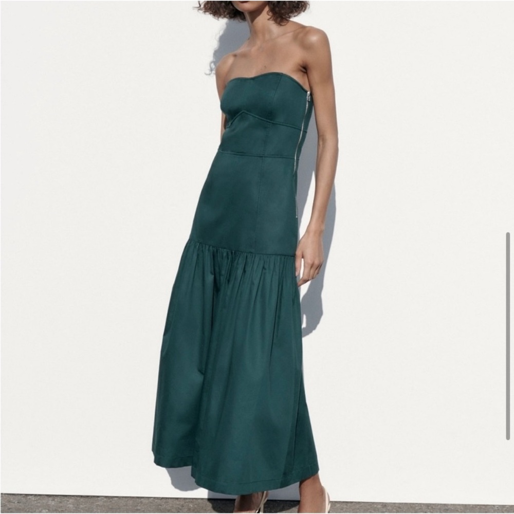 ZARA TOPSTITCHED MIDI DRESS emerald dress with top stitching, strapless bustier